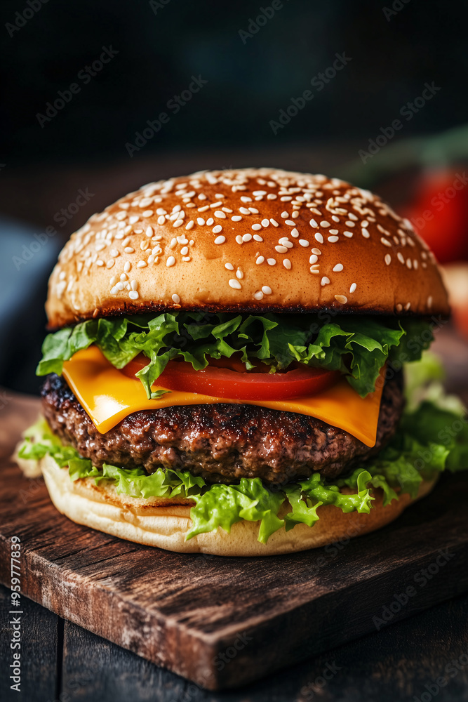 A classic American hamburger with a juicy beef patty, lettuce, tomato, and melted cheddar cheese, served on a sesame seed bun A classic American hamburger with a juicy beef patty, lettuce, tomato, and melted cheddar cheese, served on a sesame seed bun