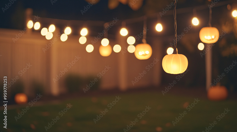 A night scene in an outdoor garden, softly lit by distant string lights casting a warm, orange glow. The background is intentionally blurred, but Halloween-themed pumpkin lights add a festive touch. A night scene in an outdoor garden, softly lit by distant string lights casting a warm, orange glow. The background is intentionally blurred, but Halloween-themed pumpkin lights add a festive touch.