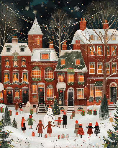 xmas time scene terrace of victorian house viewed straight on front profile. include lamps, fairy lights, xmas trees. lots of happy little people wearing winter clothes.
