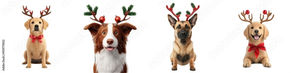 Obraz premium Four dogs are wearing reindeer antlers and bows