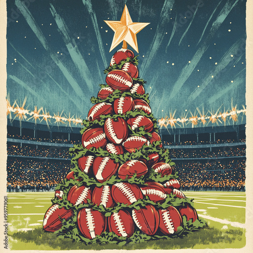 An old-fashioned Christmas card with a Christmas tree made up of American football