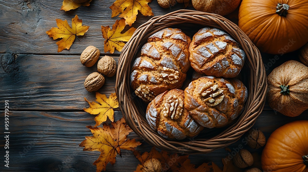 A top-down view of a basket overflowing with freshly baked pumpkin and walnut loaves, accompanied by a scattering of autumn leaves on a rustic wooden table. A top-down view of a basket overflowing with freshly baked pumpkin and walnut loaves, accompanied by a scattering of autumn leaves on a rustic wooden table.