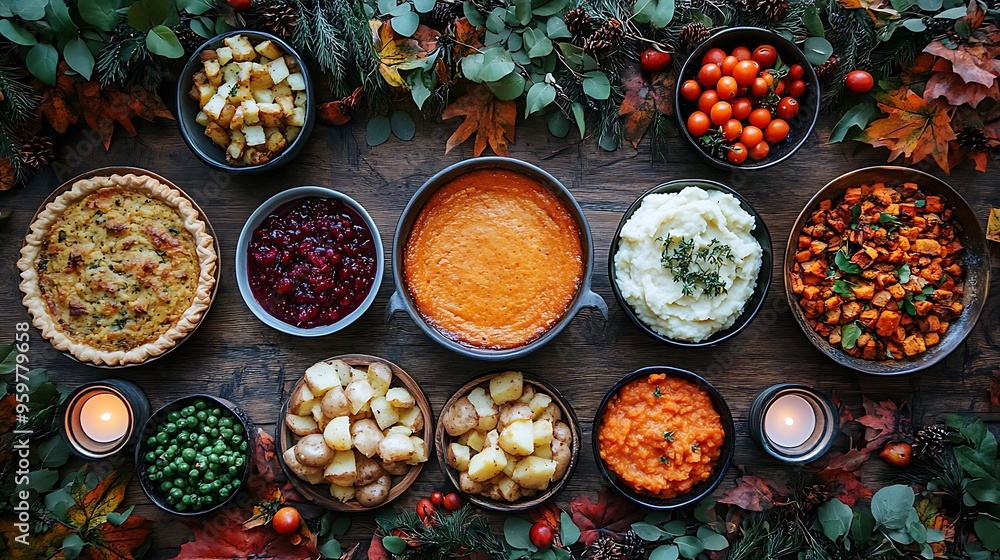 A top-down view of a classic Thanksgiving dinner table spread, featuring a perfectly roasted turkey, bowls of cranberry sauce, mashed potatoes, and slices of pumpkin pie. A top-down view of a classic Thanksgiving dinner table spread, featuring a perfectly roasted turkey, bowls of cranberry sauce, mashed potatoes, and slices of pumpkin pie.