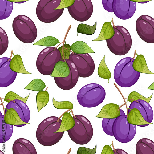 Plum branches in a color pattern.Seamless pattern with plum branches on a  transparent background.