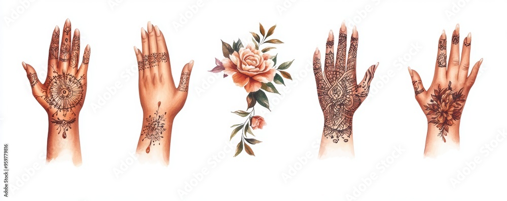 Fototapeta premium Boho style henna design featuring intricate patterns on a hand, isolated on a white background.