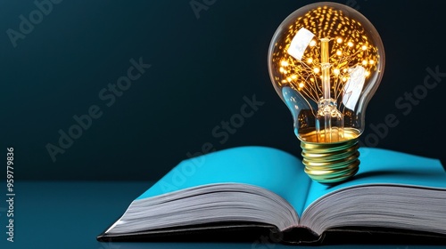 An illuminated light bulb atop an open book symbolizing creativity and knowledge in a vibrant, inspiring setting.