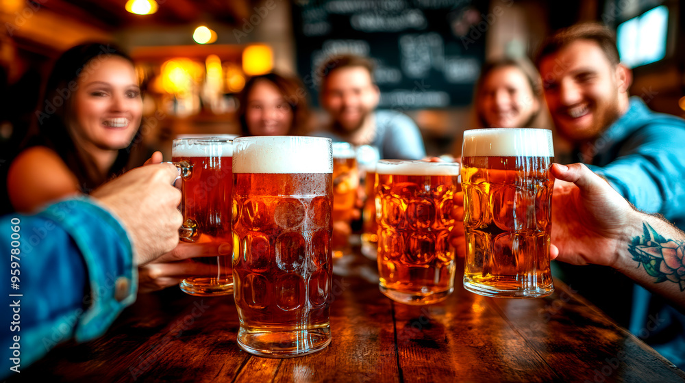 Group of friends toasting with beer mugs in cozy pub atmosphere Group of friends toasting with beer mugs in cozy pub atmosphere
