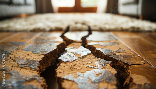 A crack in the floor of a room with a rug in the background. The crack is large and deep, and the floor is made of wood