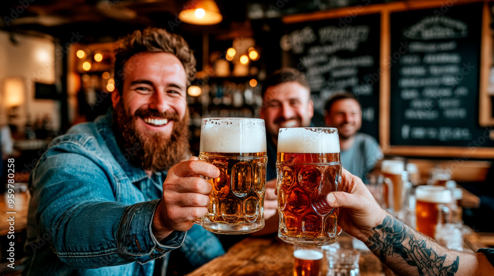 Three friends enjoying beer and making a toast in cozy pub Three friends enjoying beer and making a toast in cozy pub