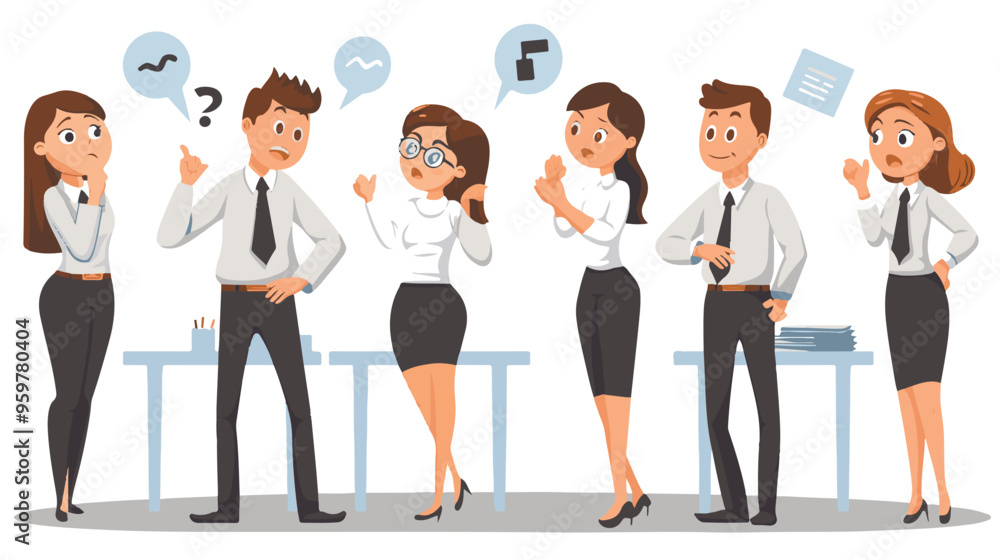 Set of puzzled and surprised office people. Problem solving and discussion. Vector flat illustration Set of puzzled and surprised office people. Problem solving and discussion. Vector flat illustration