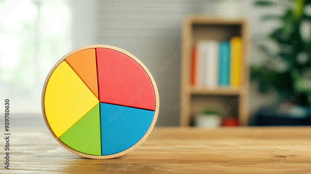 Fototapeta premium A colorful pie chart model on a wooden table, representing data analysis and statistics in a home office setting.