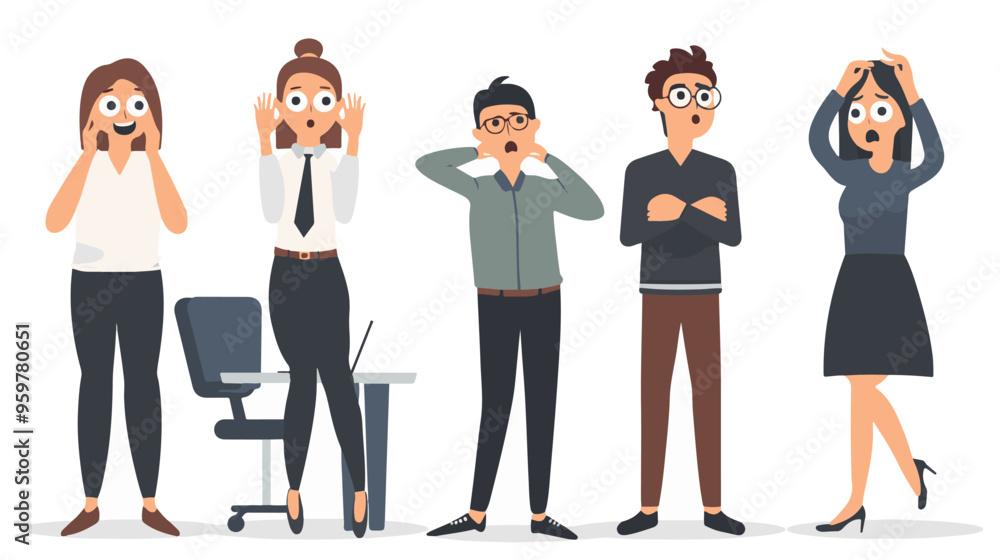 Set of puzzled and surprised office people. Problem solving and discussion. Vector flat illustration Set of puzzled and surprised office people. Problem solving and discussion. Vector flat illustration