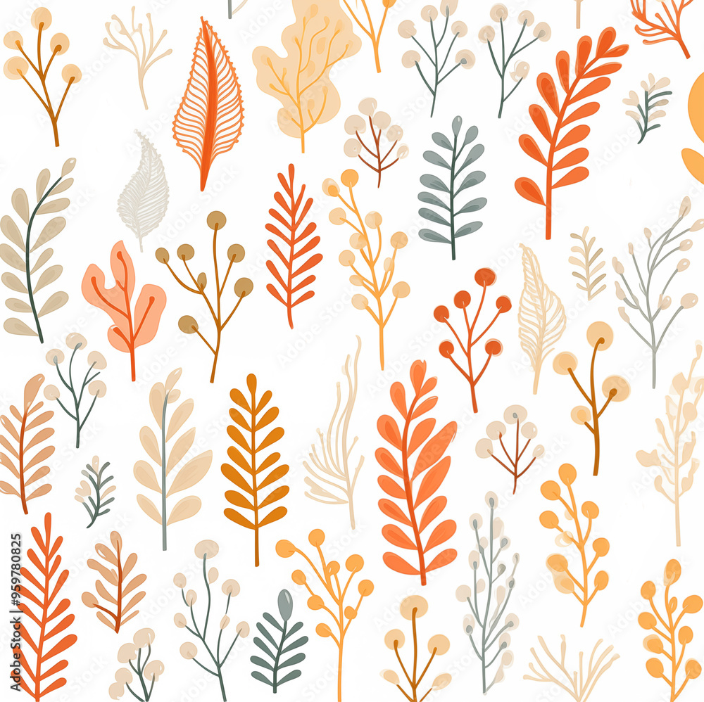 Background illustration of autumn leaves and branches pattern in orange, yellow, and beige