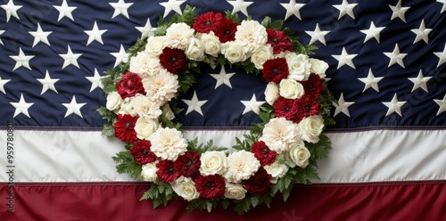 American flag with red, white, and blue rose wreath, patriotic floral tribute photo