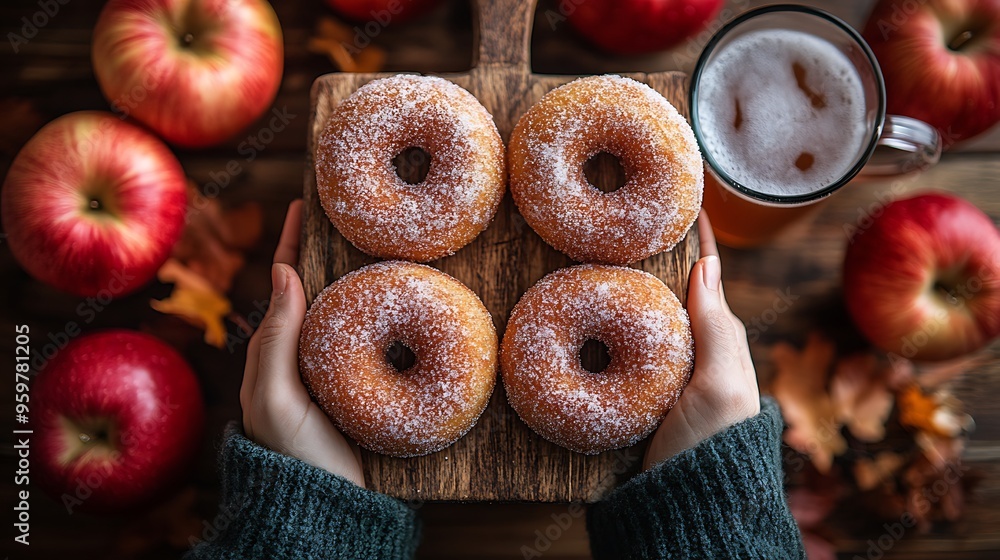 A top-down view of apple cider donuts sprinkled with cinnamon sugar, arranged on a wooden board with apples and a mug of steaming cider beside them. The rich, A top-down view of apple cider donuts sprinkled with cinnamon sugar, arranged on a wooden board with apples and a mug of steaming cider beside them. The rich,