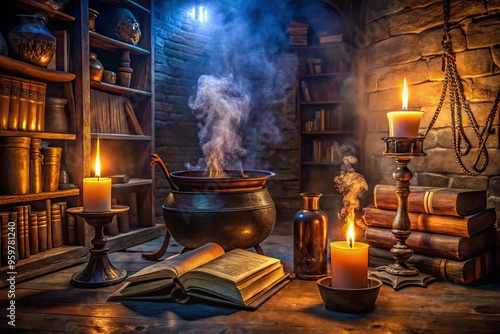 a dimly lit chamber with ancient tomes bound in worn leather, a bubbling cauldron, and a witch's cackle echoing through the shadows