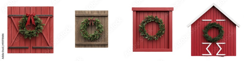 Four wreaths are hanging on a red barn Four wreaths are hanging on a red barn