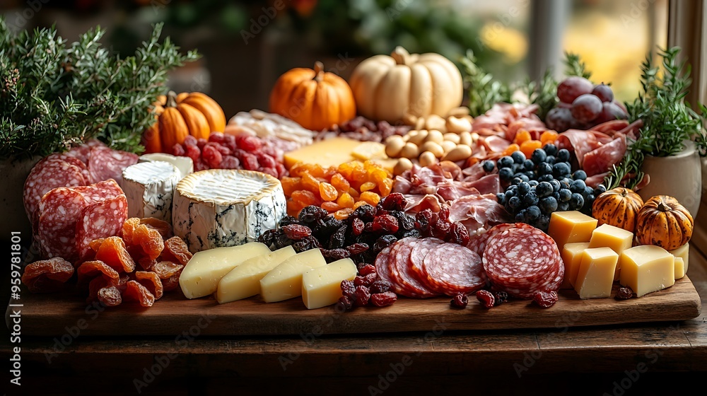 A wide-angle shot capturing a festive autumn charcuterie board, filled with a variety of cheeses, meats, dried fruits, and nuts, decorated with fall leaves and mini pumpkins, A wide-angle shot capturing a festive autumn charcuterie board, filled with a variety of cheeses, meats, dried fruits, and nuts, decorated with fall leaves and mini pumpkins,