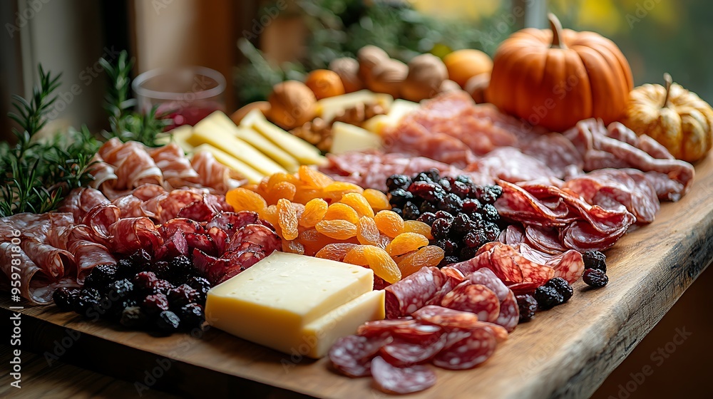 A wide-angle shot capturing a festive autumn charcuterie board, filled with a variety of cheeses, meats, dried fruits, and nuts, decorated with fall leaves and mini pumpkins, A wide-angle shot capturing a festive autumn charcuterie board, filled with a variety of cheeses, meats, dried fruits, and nuts, decorated with fall leaves and mini pumpkins,