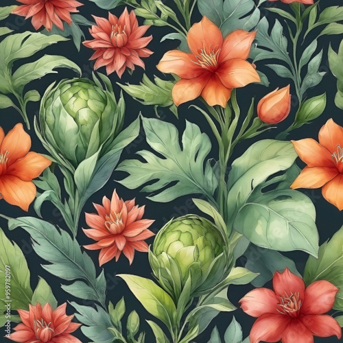 seamless Watercolor Pattern using botanical elements.