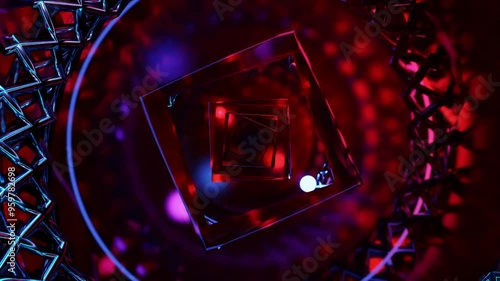 Abstract background 3D animation moving through shiny glass metal and neon lights tunnel, loop