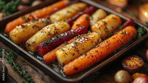 A wide-angle shot capturing a rustic autumn table with a tray of roasted root vegetables like carrots, parsnips, and beets, sprinkled with herbs and sea salt. The scene is illuminated by warm, photo