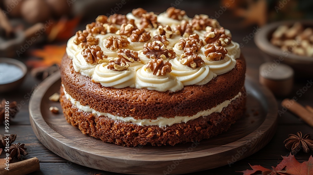 A wide-angle shot capturing a rustic autumn table with a whole carrot cake topped with cream cheese frosting and walnuts, surrounded by autumn leaves and spices. The scene is bathed in warm, A wide-angle shot capturing a rustic autumn table with a whole carrot cake topped with cream cheese frosting and walnuts, surrounded by autumn leaves and spices. The scene is bathed in warm,