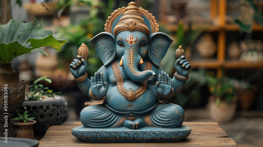 Fototapeta premium Ganesha eco-friendly colors, showcasing a beautifully crafted Ganesha idol painted with natural, eco-friendly colors, emphasizing sustainability and tradition