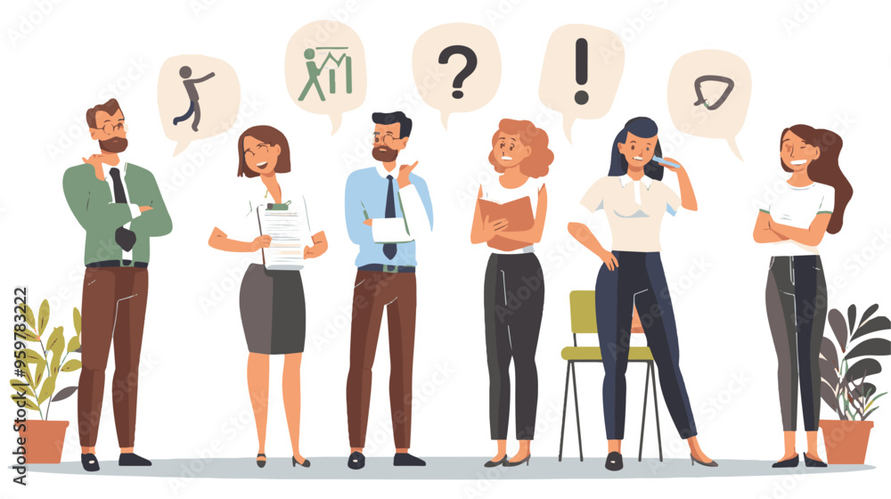 Set of puzzled and surprised office people. Problem solving and discussion. Vector flat illustration Set of puzzled and surprised office people. Problem solving and discussion. Vector flat illustration
