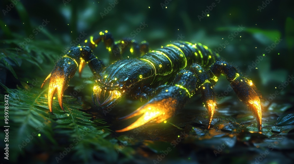 A glowing, fantastical crab-like creature in a lush environment. A glowing, fantastical crab-like creature in a lush environment.
