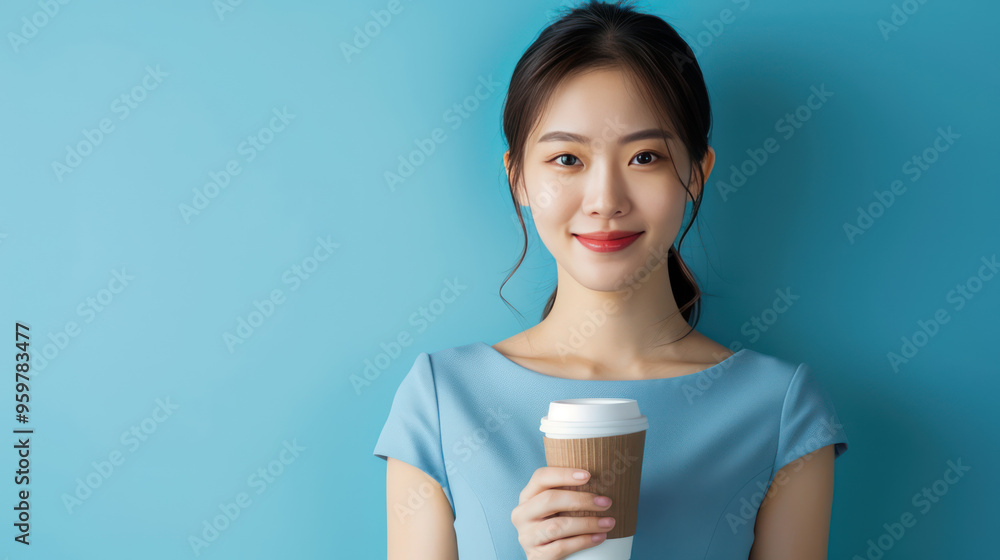A young woman smiles while holding coffee cup against blue background, radiating warmth and positivity. A young woman smiles while holding coffee cup against blue background, radiating warmth and positivity.