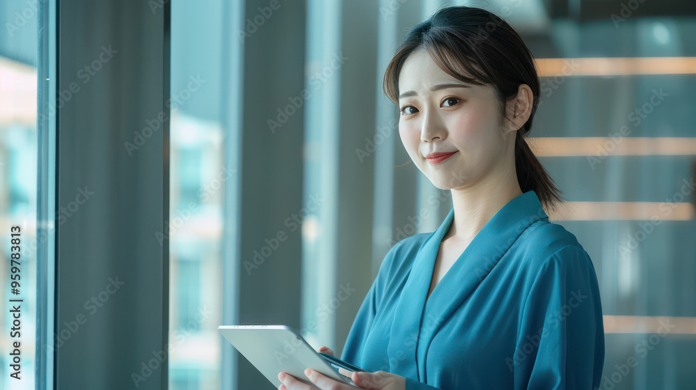 Professional woman holding tablet, smiling, in modern office setting. bright environment enhances her confident expression. Professional woman holding tablet, smiling, in modern office setting. bright environment enhances her confident expression.