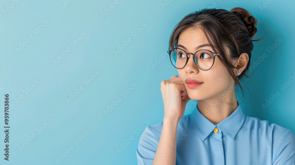 Thoughtful woman in glasses against blue background, exuding curiosity and contemplation. Thoughtful woman in glasses against blue background, exuding curiosity and contemplation.