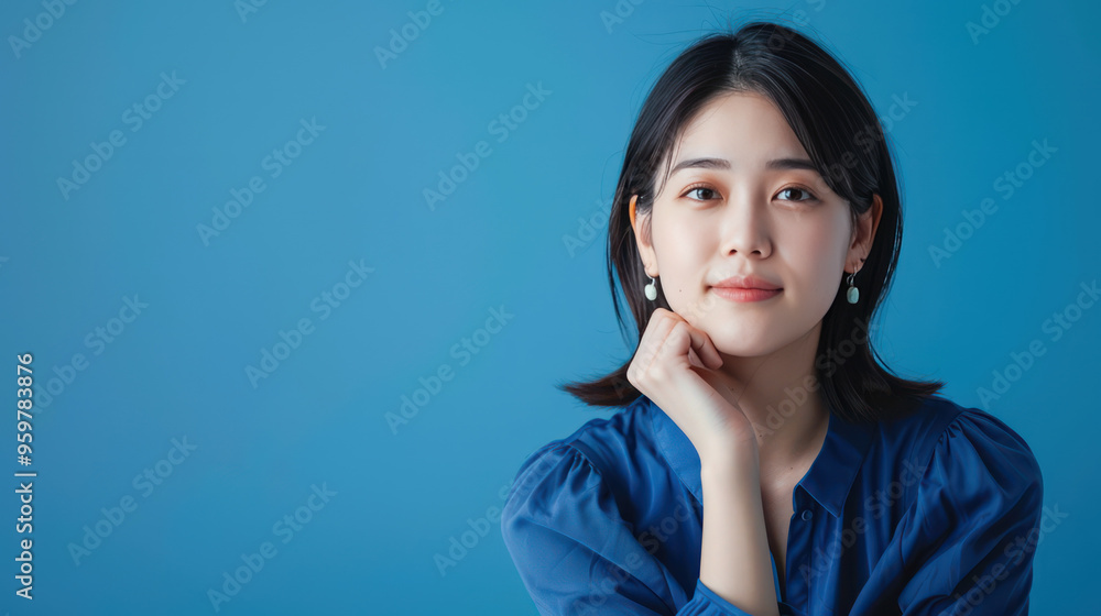 Calm and thoughtful woman with gentle smile, wearing blue blouse against blue background. Calm and thoughtful woman with gentle smile, wearing blue blouse against blue background.