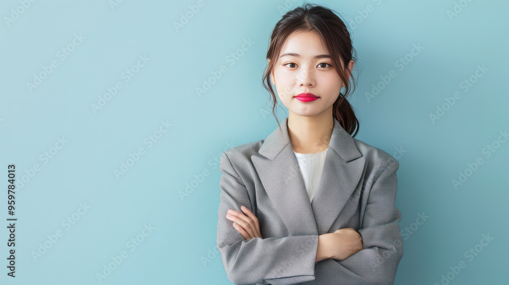 Confident young woman in gray blazer with arms crossed against blue background, exuding professionalism and poise. Confident young woman in gray blazer with arms crossed against blue background, exuding professionalism and poise.