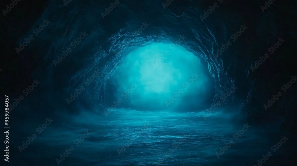 Fototapeta premium Mysterious cave with glowing blue light illuminating the calm water.
