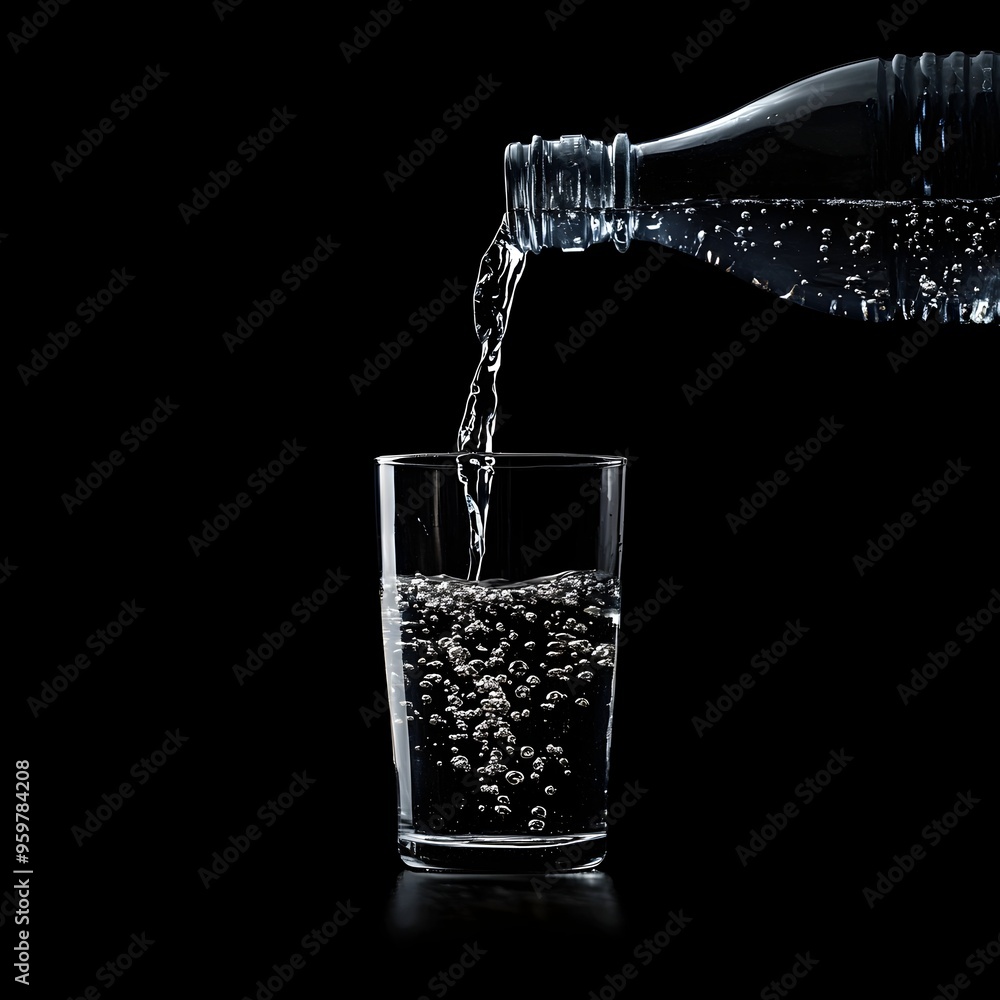 Bottle Pouring Water Into Empty Glass on Black Background Bottle Pouring Water Into Empty Glass on Black Background
