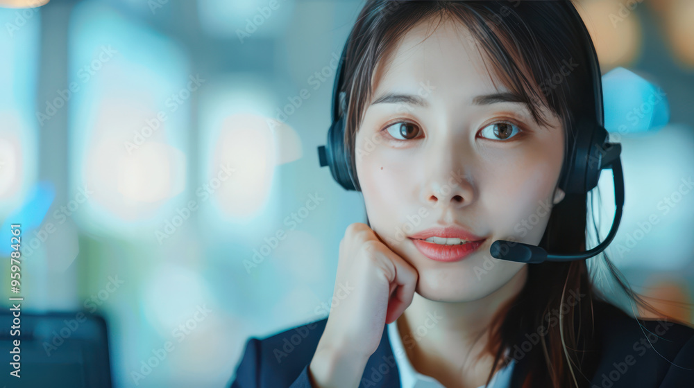 A focused woman wearing headset, resting her chin on her hand, in modern office environment. A focused woman wearing headset, resting her chin on her hand, in modern office environment.