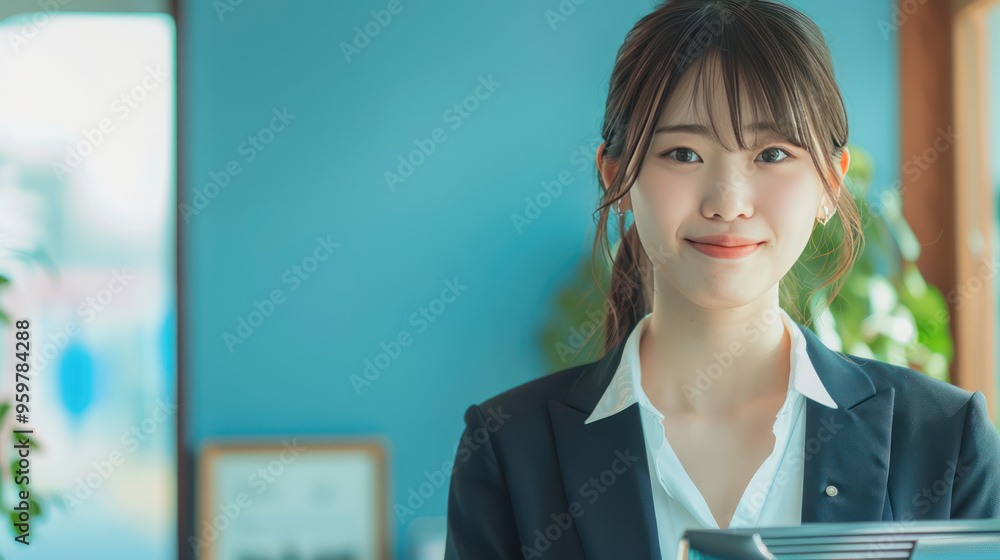 Professional woman smiling in modern office setting, exuding confidence and warmth. Professional woman smiling in modern office setting, exuding confidence and warmth.