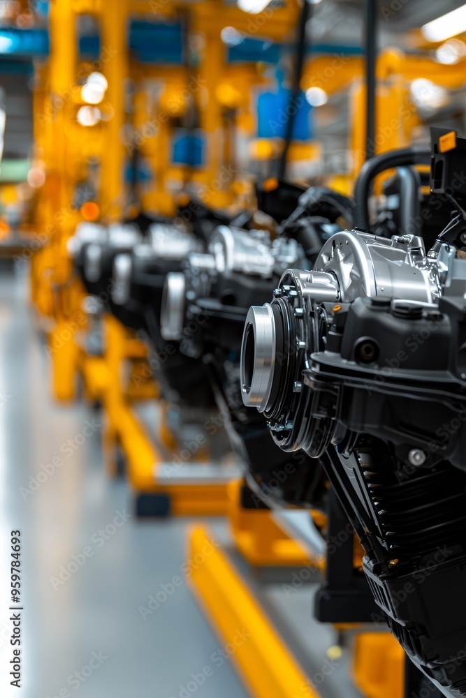 Row of car engines being meticulously assembled in a state-of-the-art automotive plant, capturing the industrial process Row of car engines being meticulously assembled in a state-of-the-art automotive plant, capturing the industrial process