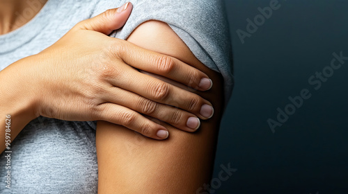 Wallpaper Mural Close-up of a person holding their upper arm, showing a hand with neatly trimmed nails and smooth skin texture. The person is wearing a gray short-sleeve shirt. Torontodigital.ca
