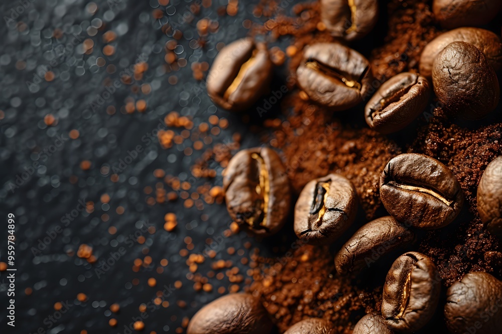 Rich Coffee Beans and Ground Coffee on a Dark Surface Rich Coffee Beans and Ground Coffee on a Dark Surface