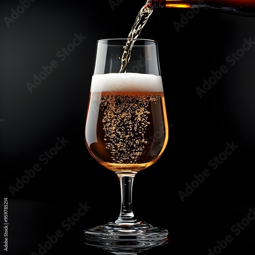 Freshly Poured Amber Beer Flowing into Empty Drinking Glass on Jet Black Background