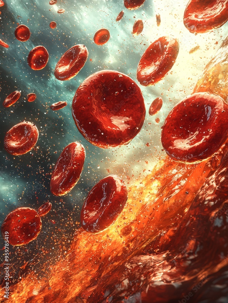 Fototapeta premium blood cells flowing through vein Hemochromatosis awareness with iron overload illustration