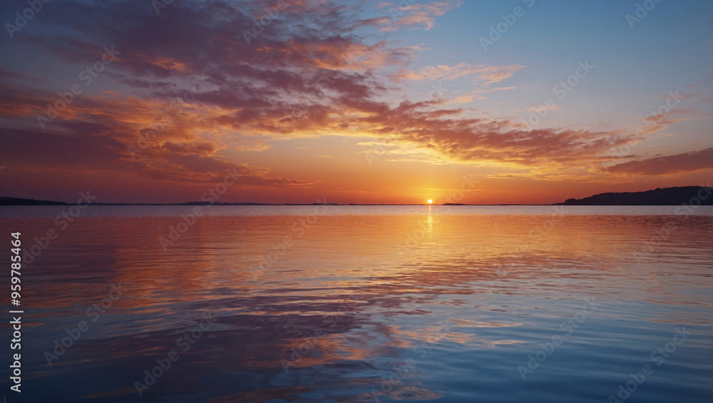 a serene background featuring the reflection of a gradient mesh sunset on a calm body of water. a serene background featuring the reflection of a gradient mesh sunset on a calm body of water.