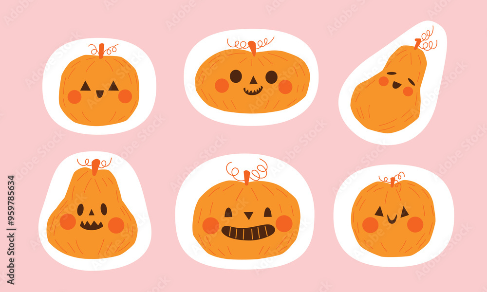 Happy Halloween pumpkins element set on pink background. Cute pumpkins for scrapbooking, greeting card, party invitation, poster Happy Halloween pumpkins element set on pink background. Cute pumpkins for scrapbooking, greeting card, party invitation, poster