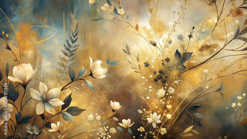 Elegant floral abstract art with golden hues and delicate textures
