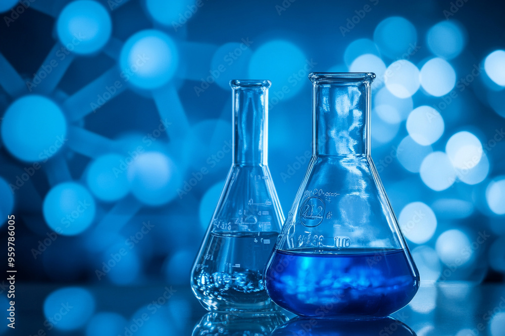 In the laboratory, a Gbeaker and flask sit prominently with a blue banner background that illustrates a complex chemical structure In the laboratory, a Gbeaker and flask sit prominently with a blue banner background that illustrates a complex chemical structure