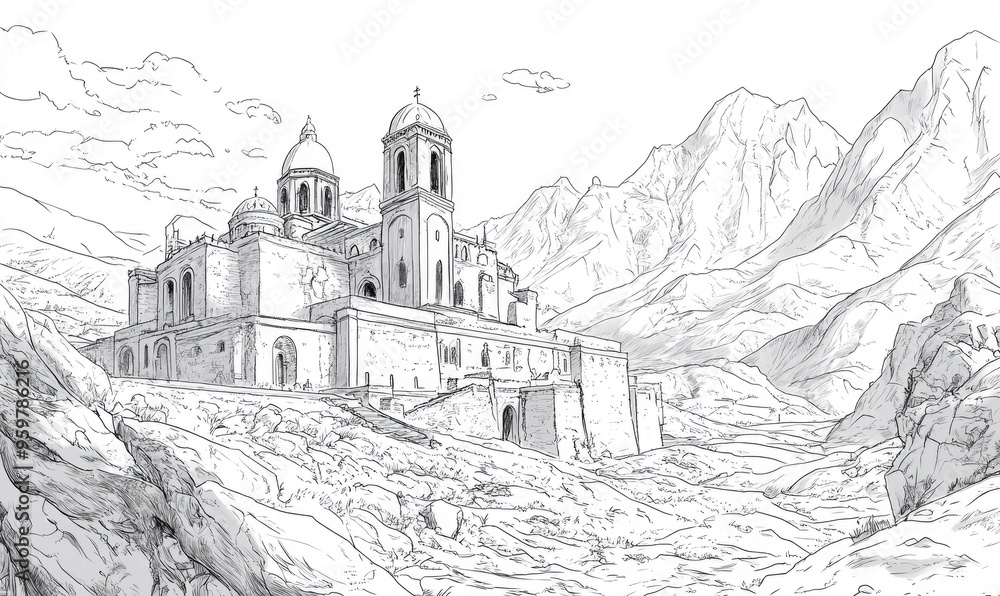 Line art illustration of an ancient monastery Line art illustration of an ancient monastery