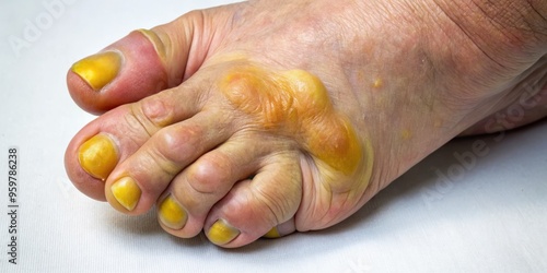 A photo image of a person with a swollen big toe, characteristically showing the presence of yellowish deposits called tophi, due to gout. photo